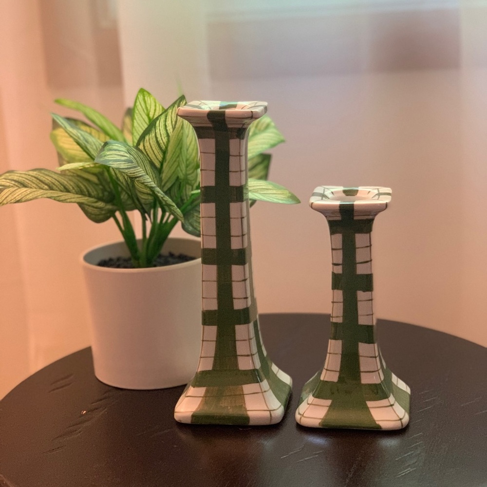 Two Vintage Green and White Plaid Candlestick Holders